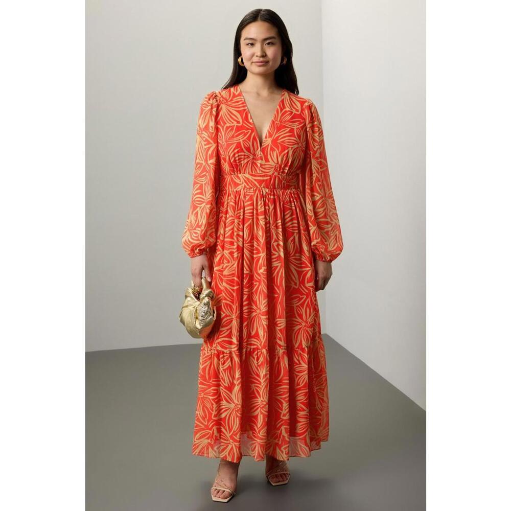 Toccin Red V-Neck Printed Maxi Dress Size 12 with Fabric Pull